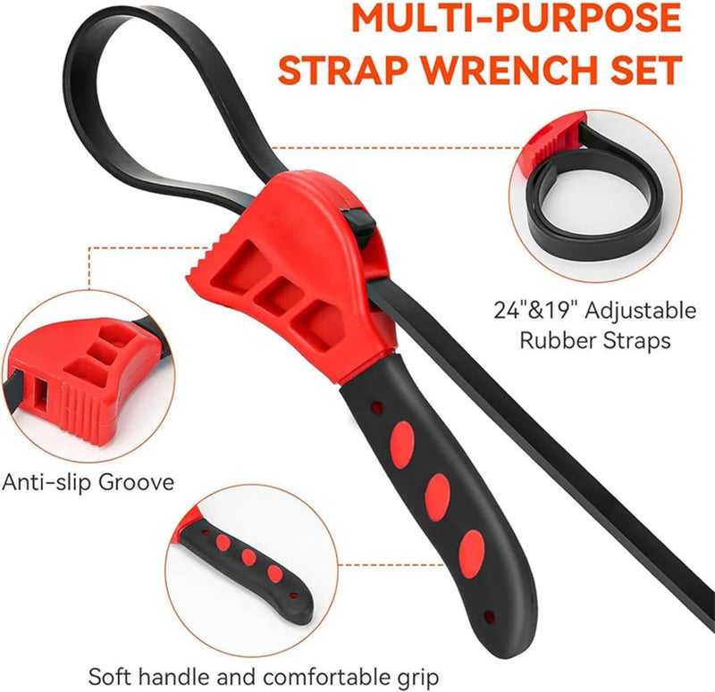 SavvyFIX 2-Pack Adjustable Rubber Strap Wrench Set – 25.20" & 20.48" Heavy-Duty Strap Wrench for Oil Filter, Jar Opener, Water Filter, Plumbing, Sink, Faucet – Non-Slip Multipurpose Wrench Tool (Red) - Image 4